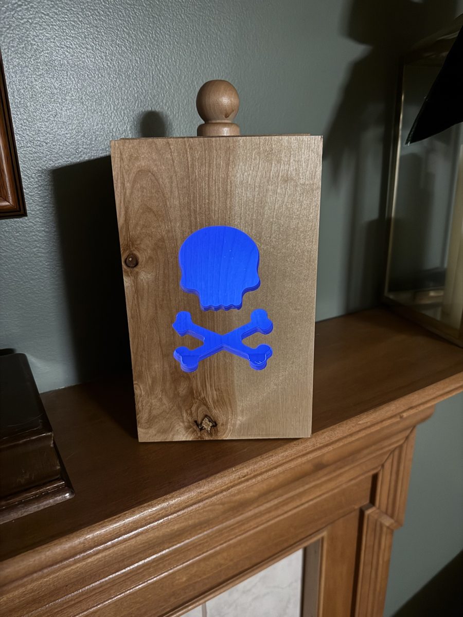 Baltic birch luminary, lit, glowing blue